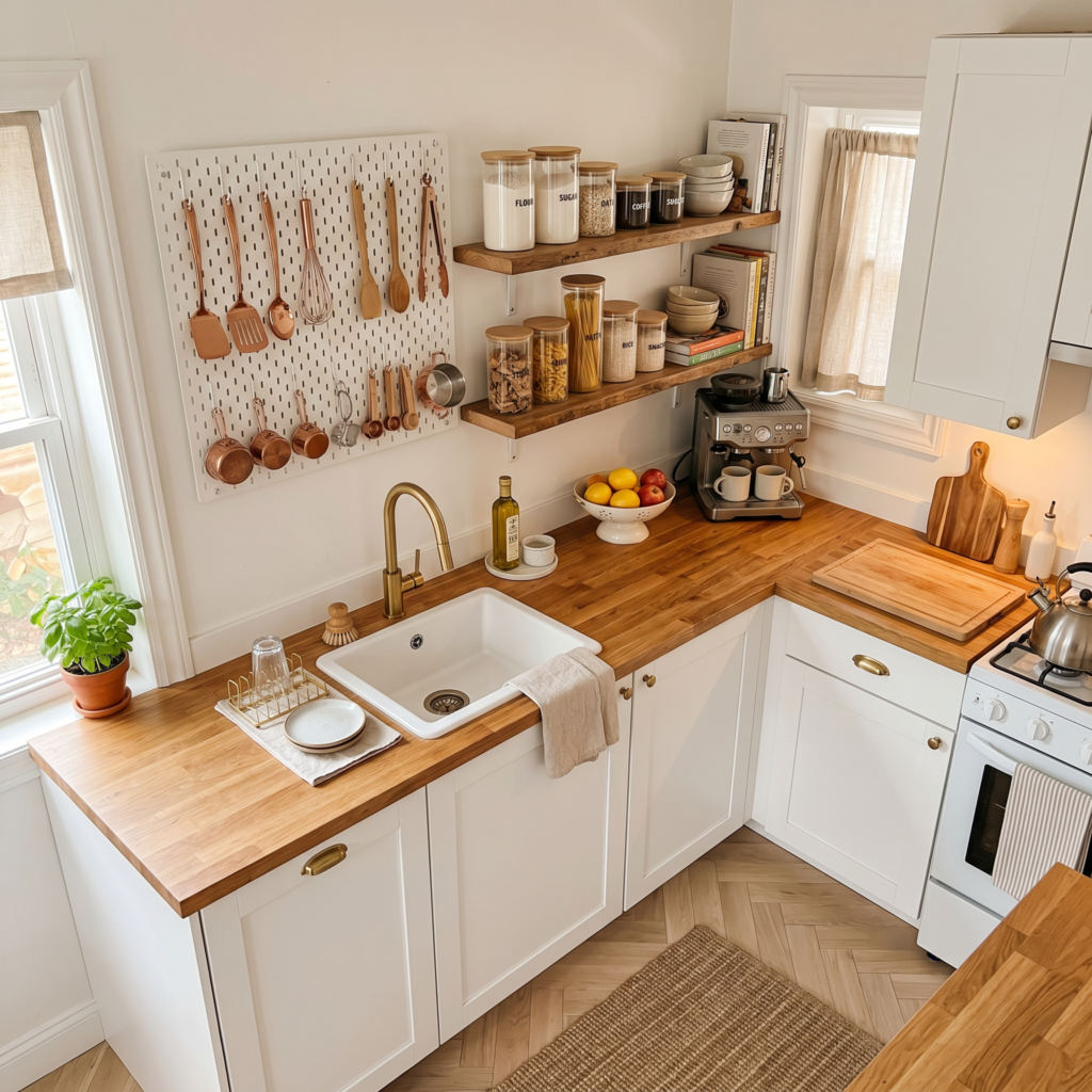 small kitchen organization ideas with pegboard and clear containers