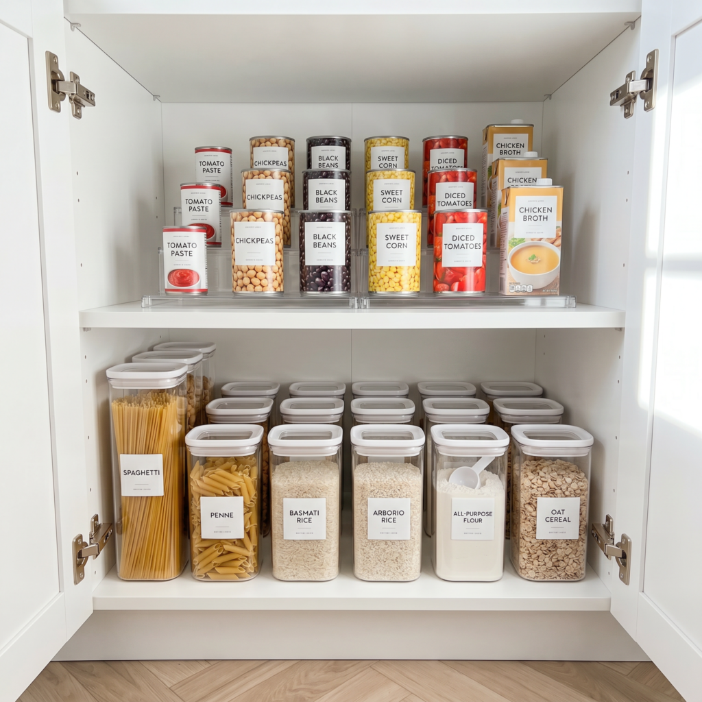 organized kitchen pantry with clear airtight containers