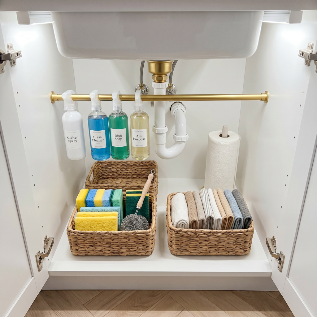 organized pantry shelves with labeled clear containers